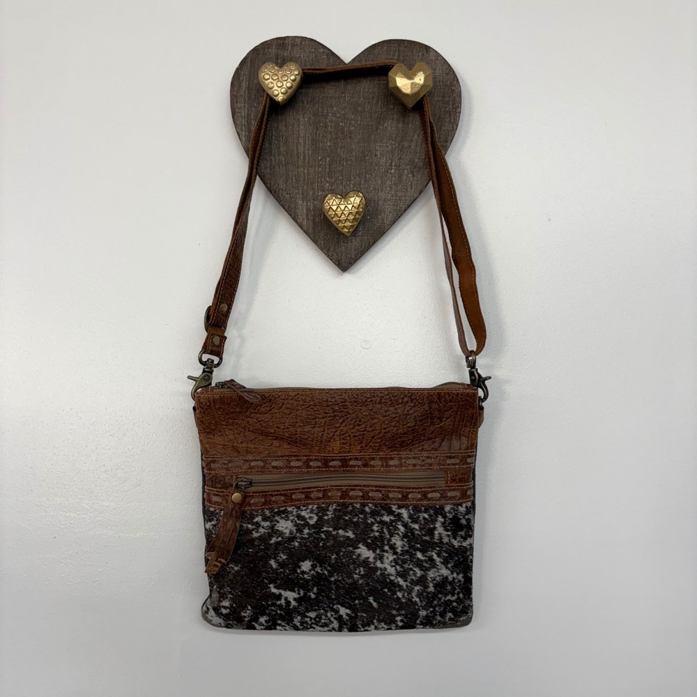 Myra Bag Cowhide Leather Canvas Crossbody Bag Brown Black White Western Boho